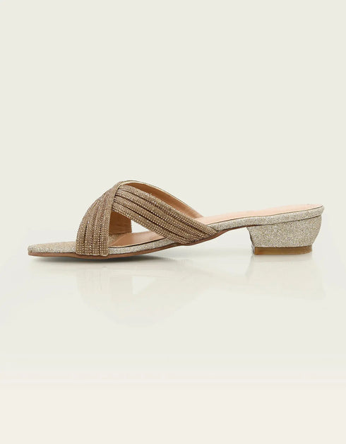 Celesta Gold Block Heels with Glitter Straps – Essence by Rubina
